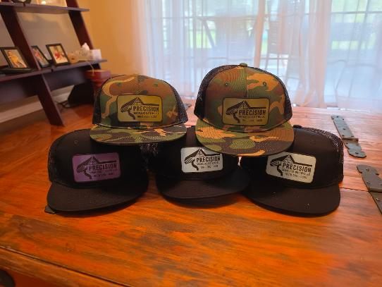 Crew batch of five custom leather patch hats in camo and black