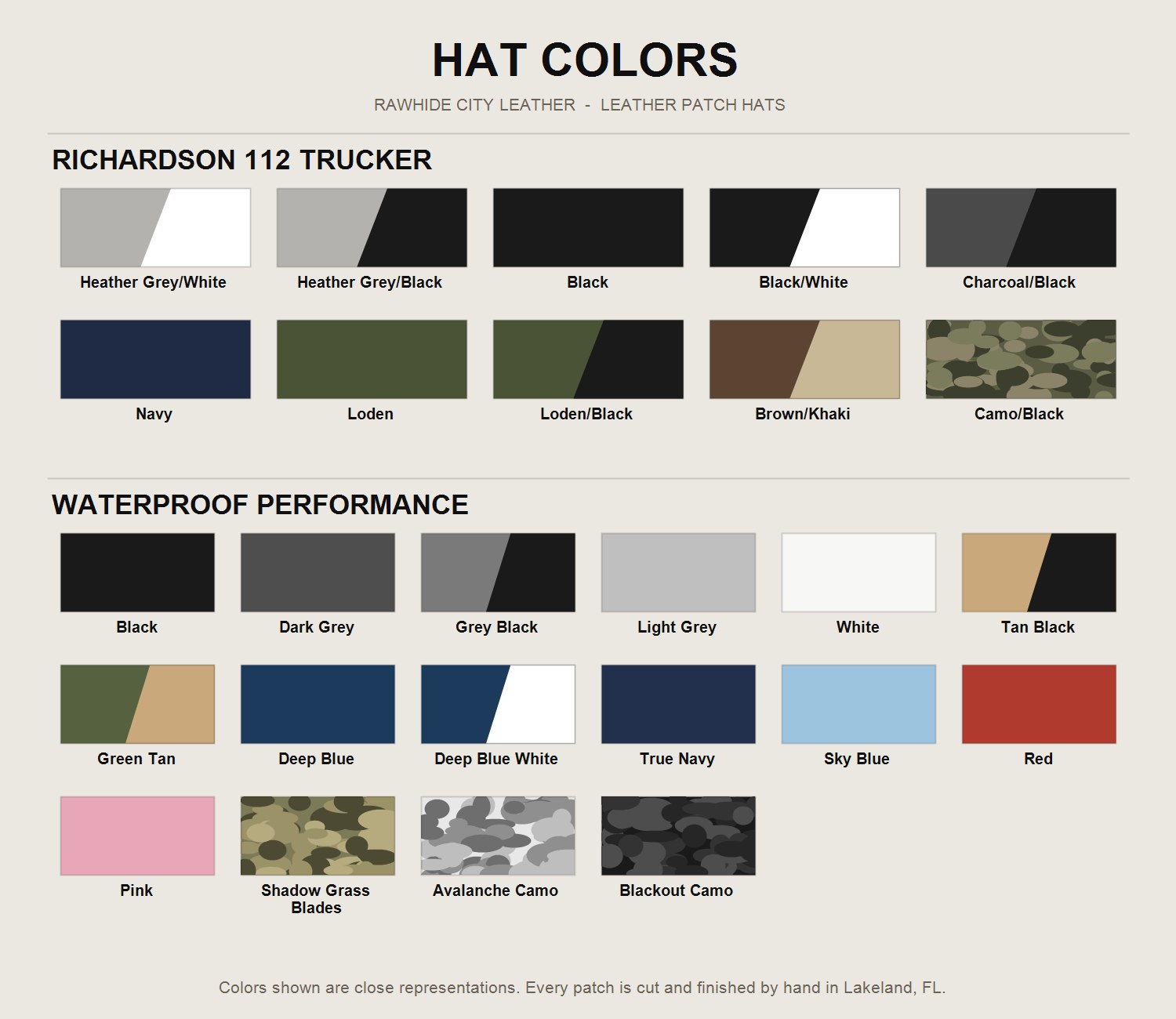 Color chart showing all available Richardson 112 and waterproof hat colors